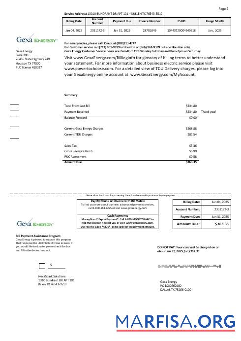 Printable USA Texas Gexa Energy business utility bill template in Word formats
